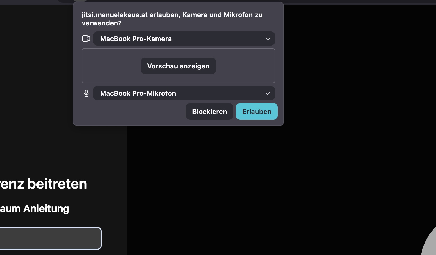Browser-Dialog: Berechtigung für Kamera und Mikrofon