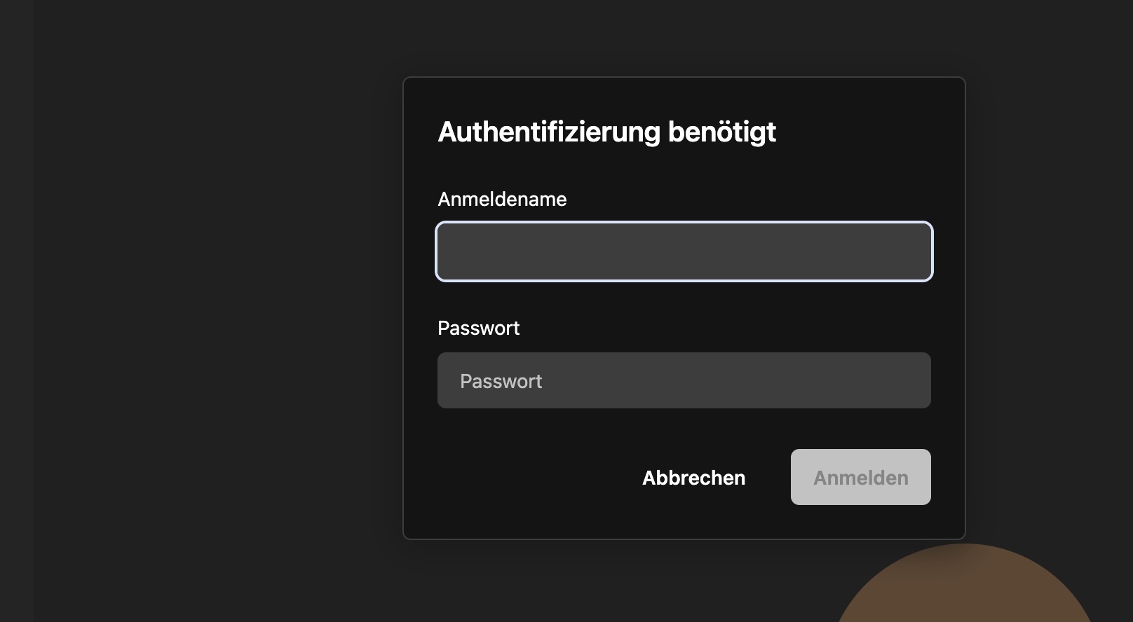 Anmeldedialog für Benutzername und Passwort